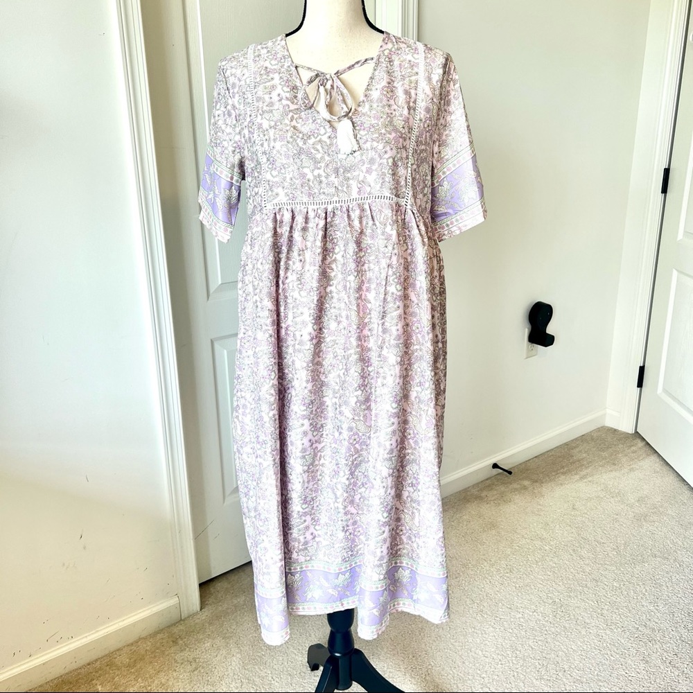 MISSLOOK Bohemian Paisley V-Neck Tasseled Dress—SZ. Medium